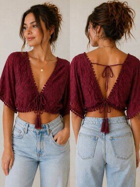 Boho Burgundy Embroidered Crop Top Tie Back Pom Pom Trim Small Free People Vibe